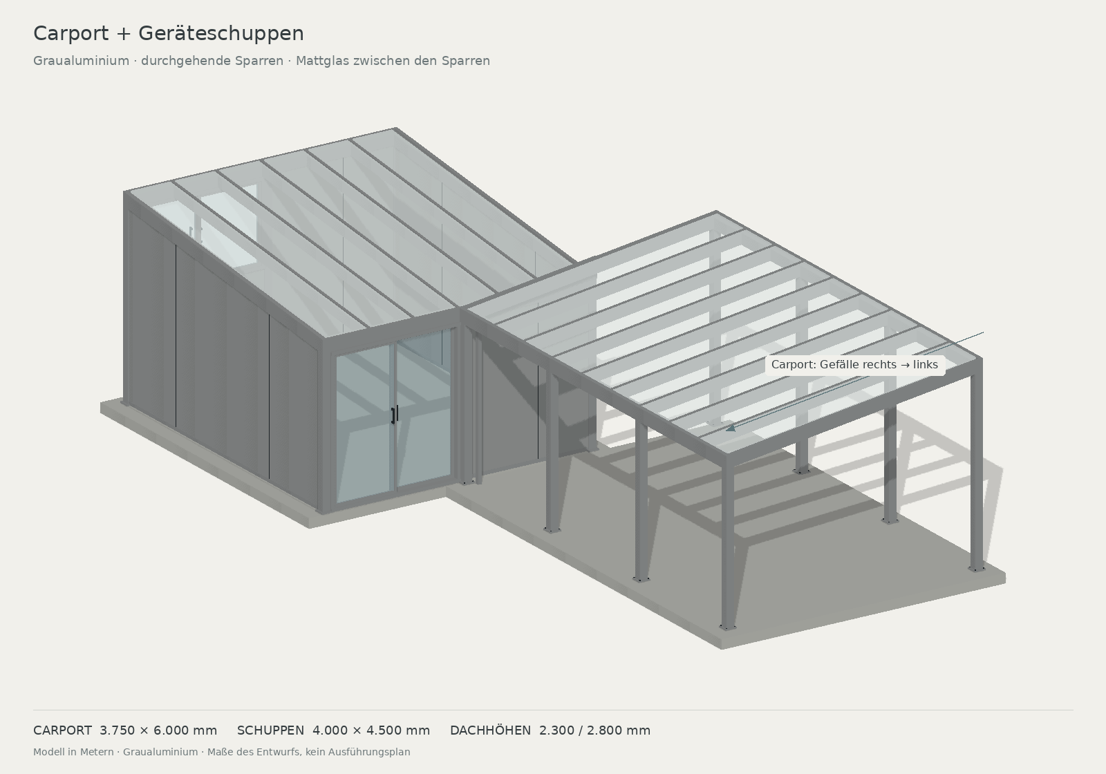 Gesamtansicht des Carports und Geräteschuppens